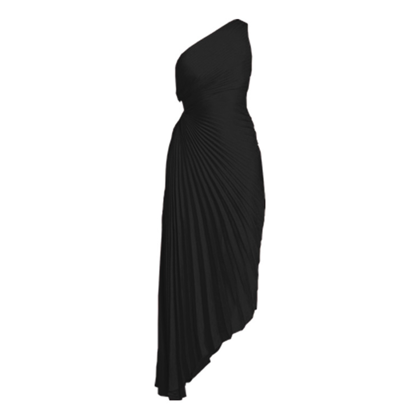 thumbnail image 4 of Vestido de noche de satén con un hombro descubierto, volantes y aberturas, cintura plisada en color liso, para fiestas y bodas, XS-XL, 4 of 4